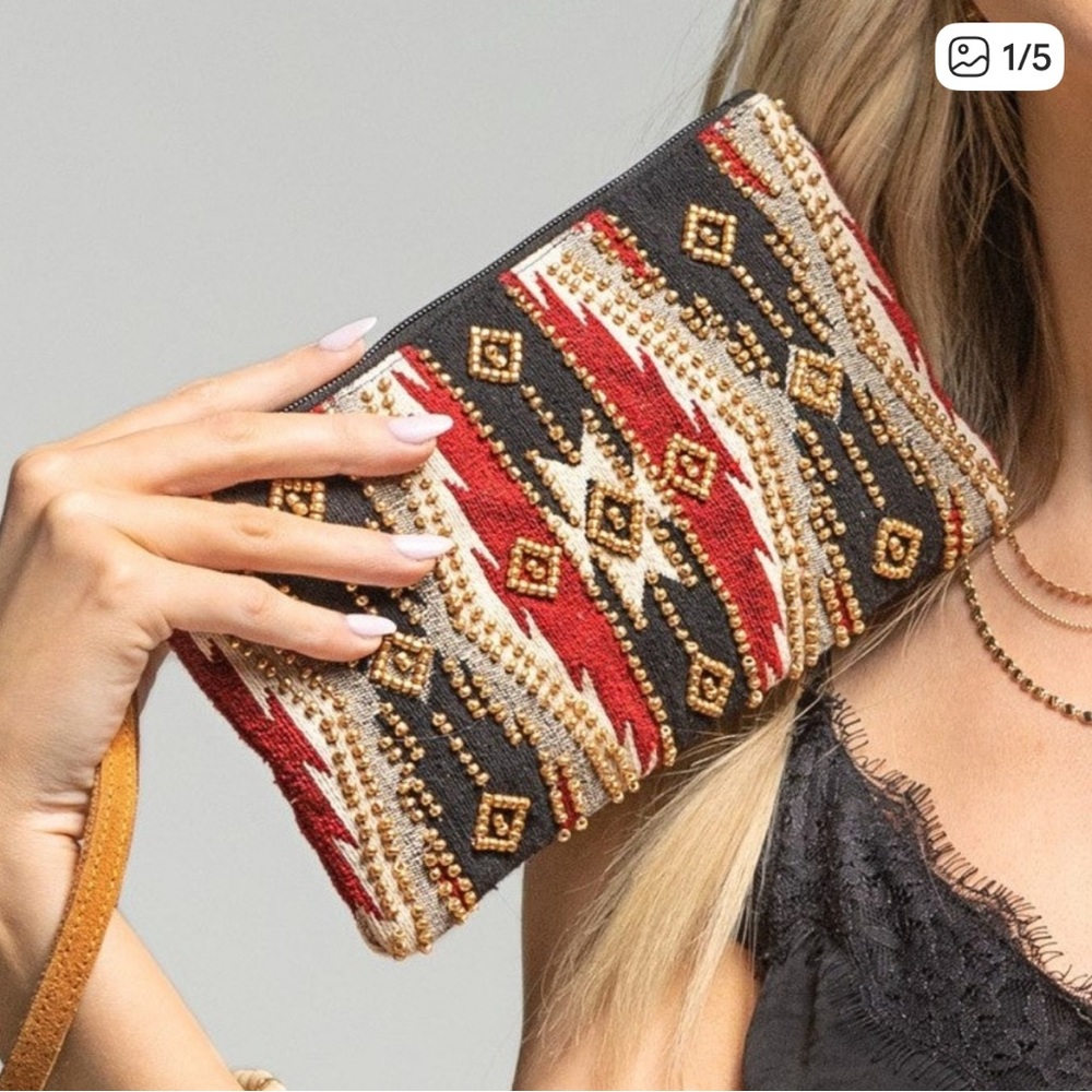 Macchiato di Ruggine Red & Black Aztec Tribal Western Wristlet Clutch Gold Beads